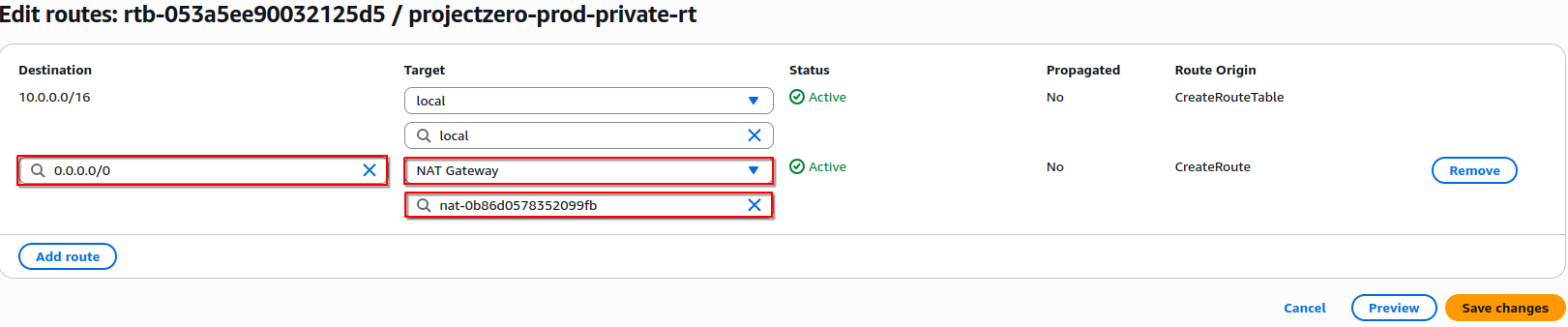 Configured the private route table to send outbound internet traffic through the NAT Gateway.