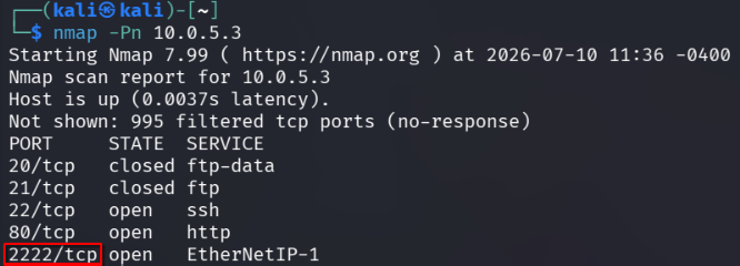 nmap -Pn 10.0.5.3 from Kali showing port 80 open and SSH exposed on high port 2222.