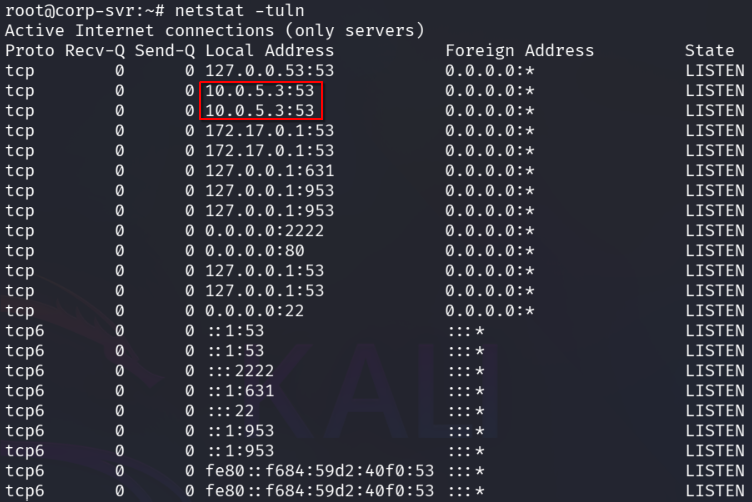 netstat -tuln output on corp-svr confirming DNS listening on 10.0.5.3:53 and SSH on ports 22/2222.