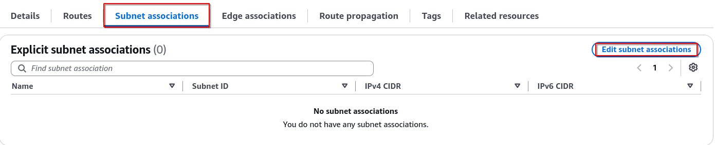 Opened the subnet associations for the public route table.
