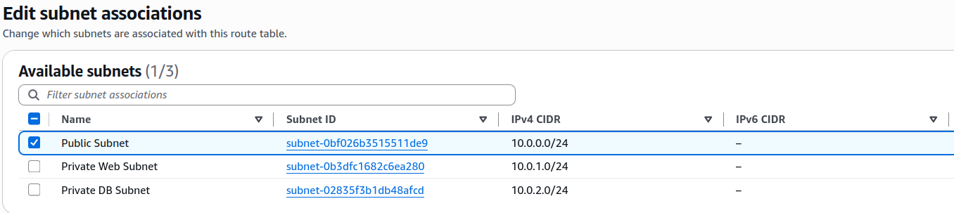 Associated the public subnet with the public route table