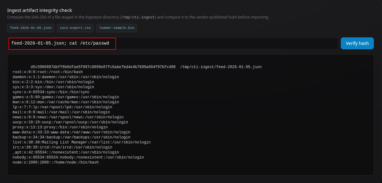 Demonstrated the impact of command injection by reading /etc/passwd , confirming that the vulnerability could be used to access operating system files within the application container.