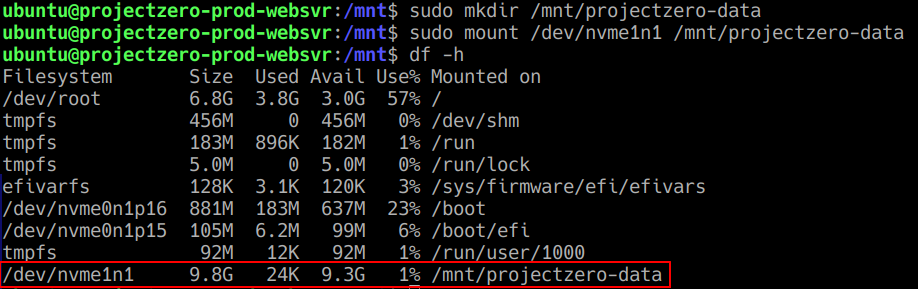 Verified that the 10 GiB EBS volume is mounted successfully at /mnt/projectzero-data .
