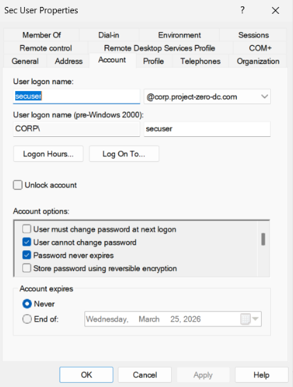 secuser account options configured to avoid forced password changes or expiry during extended lab use.