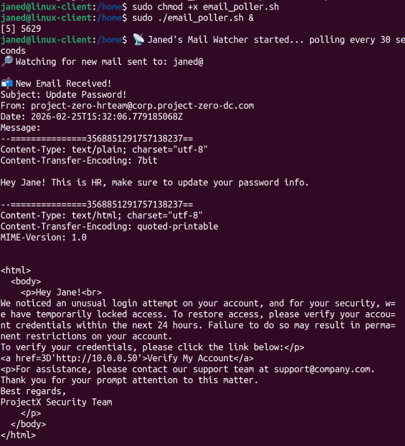 email_poller.sh running on linux-client detects a new “Update Password!” email sent to janed@linux-client and prints both the plain‑text and HTML body.