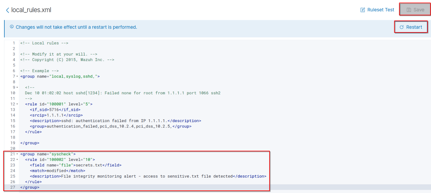 Add a syscheck rule that matches modified events on secrets.txt and save the rule file and restart Wazuh so the new FIM rule takes effect.