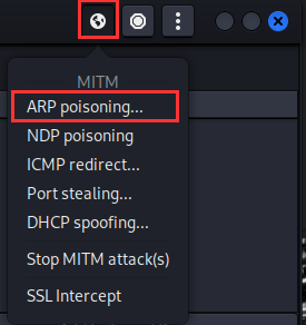 Selecting the ARP Poisoning attack within Ettercap.