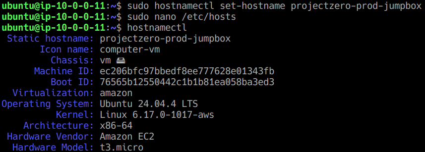 Verified the jumpbox hostname was successfully configured as projectzero-prod-jumpbox .