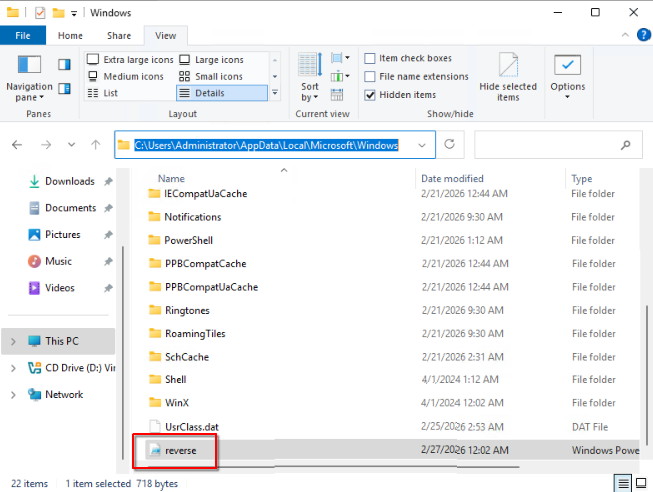 Placing reverse.ps1 under C:\Users\Administrator\AppData\Local\Microsoft\Windows to blend the backdoor into a less obvious location on the domain controller.