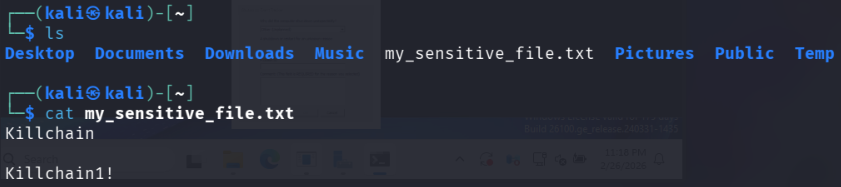 Kali terminal listing my_sensitive_file.txt and displaying its test contents after the transfer from the domain controller.