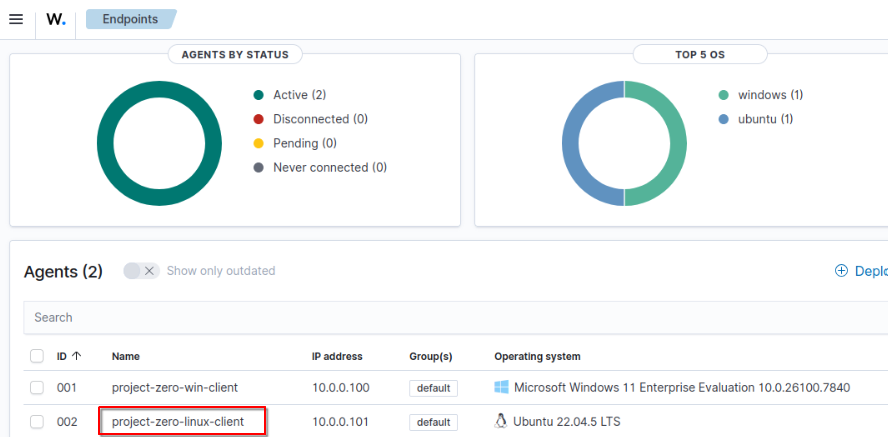 Wazuh endpoints view after adding the project-zero-linux-client Ubuntu workstation alongside the Windows client.