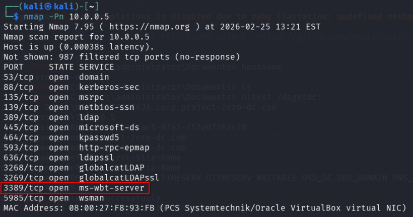 Targeted nmap scan of the domain controller at 10.0.0.5 confirming that Remote Desktop Protocol (RDP) is exposed on port 3389 for interactive admin access.