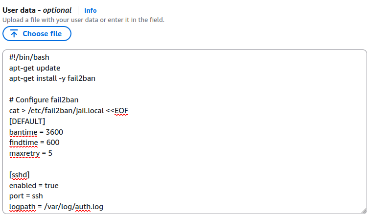 Configured EC2 user data to automatically install and enable fail2ban for SSH brute-force protection.