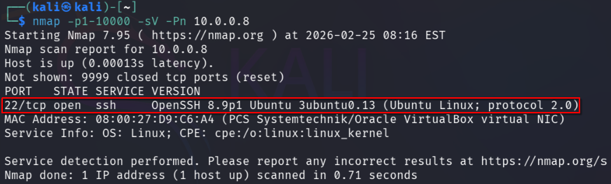 Reconnaissance from Kali using nmap to scan 10.0.0.8 and confirm an exposed SSH service (OpenSSH 8.9p1) on port 22 for initial access.