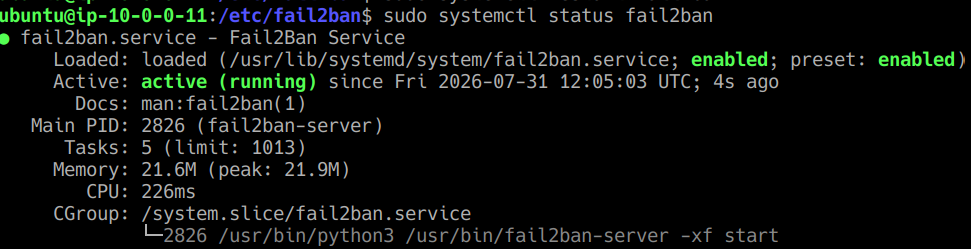 Verified that the fail2ban service was enabled and actively running on the jumpbox.