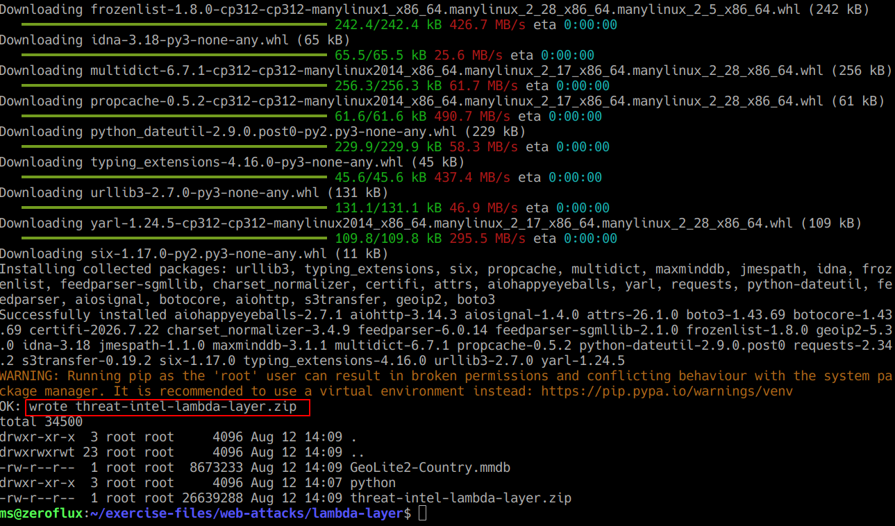 Built the GeoIP Lambda layer containing the GeoLite2 Country database and required Python dependencies.