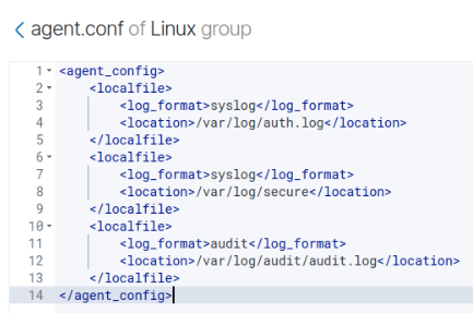 Linux group agent.conf collecting /var/log/auth.log , /var/log/secure , and /var/log/audit/audit.log from the Ubuntu workstation.
