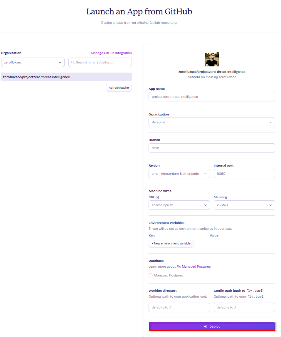 Configured the Fly.io deployment from the ProjectZero Threat Intelligence Dashboard GitHub repository.