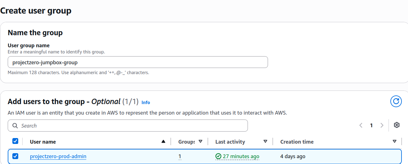 Created the ProjectZero jumpbox IAM group and configured its required EC2 permissions.