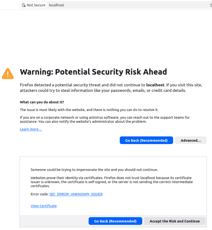 Browser warning for the self‑signed HTTPS certificate presented by the Wazuh dashboard.