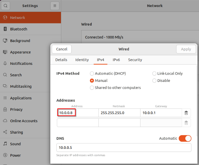 Corporate server corp-svr configured with static IP 10.0.0.8, gateway 10.0.0.1, and DNS 10.0.0.5, placing it on the same internal 10.0.0.0/24 network as the rest of the lab.