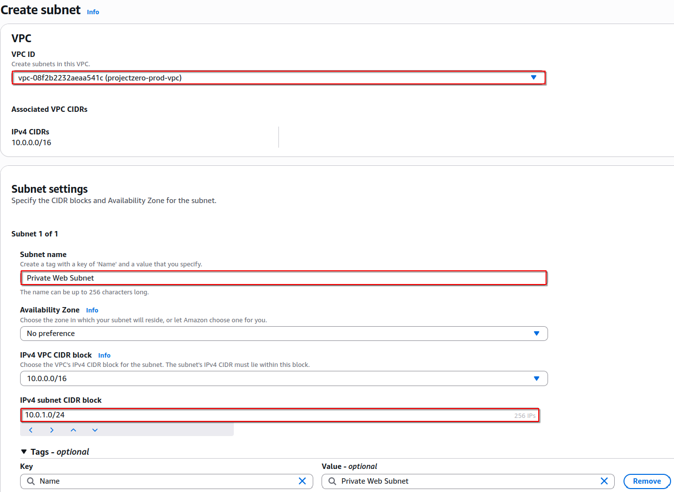 Created the private web subnet using the 10.0.1.0/24 network range.