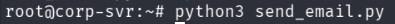 Python send_email.py script crafted on project-zero-corp-svr to send a targeted HTML phishing email to Jane via the local MailHog SMTP service.
