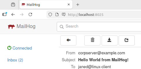 MailHog web interface confirming successful delivery of the test email and storing it for inspection.