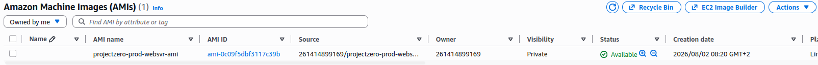 Verified the custom web server AMI reached the Available state and was ready for deployment.