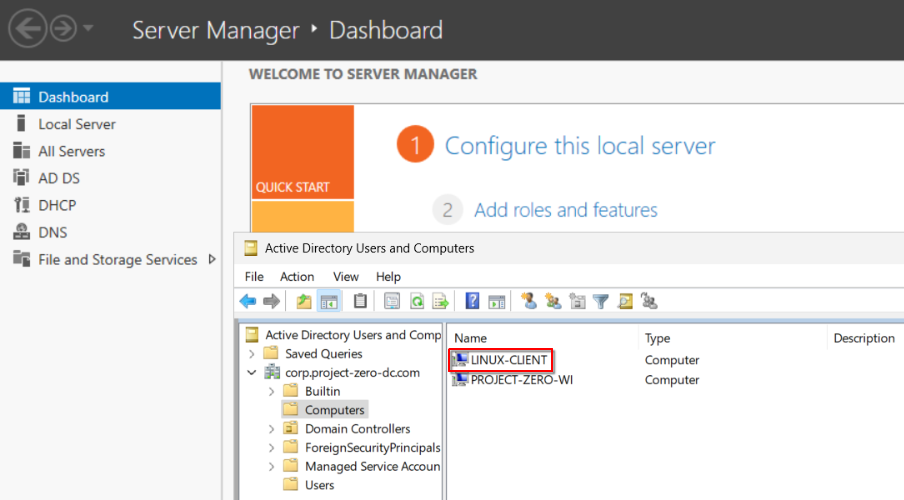 Successful interactive login on Ubuntu using an Active Directory user account on the linux-client workstation, confirming that Linux authentication is now centrally managed through the same domain controller as the Windows clients.