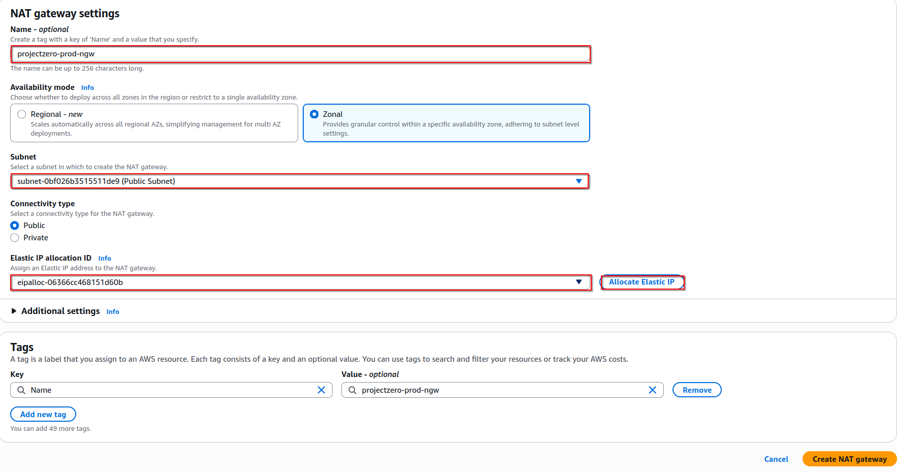 Created the ProjectZero NAT Gateway in the public subnet with an Elastic IP for outbound connectivity.