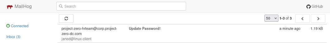 MailHog web UI confirming successful delivery of the “Update Password!” phishing email to janed@linux-client from the spoofed HR sender address