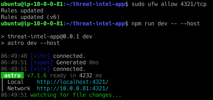 Started the Threat Intelligence Application on TCP port 4321 , confirming the application runs successfully on the AMI-based instance.