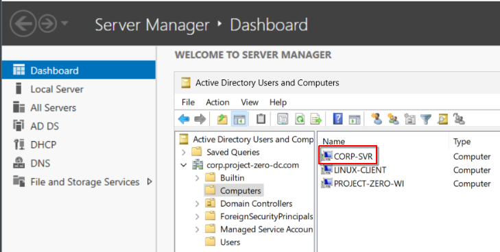 Active Directory Users and Computers view showing the CORP-SVR computer object alongside other lab machines, confirming that the corporate server is now managed by the same domain controller as the Windows and Linux clients.