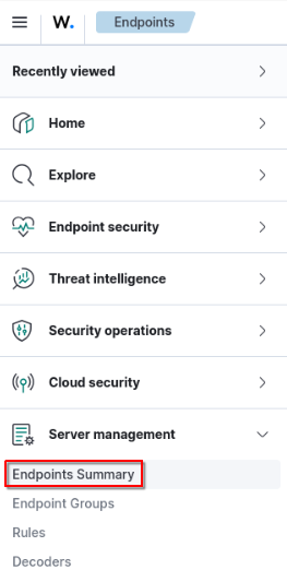 Using the Wazuh menu to open the Endpoint Summary view for connected agents.