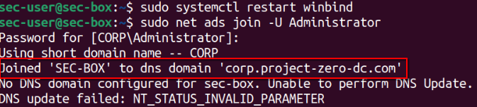 sec-box successfully joined to the corp.project-zero-dc.com domain using CORP\Administrator, enabling central management and domain authentication for the security server.
