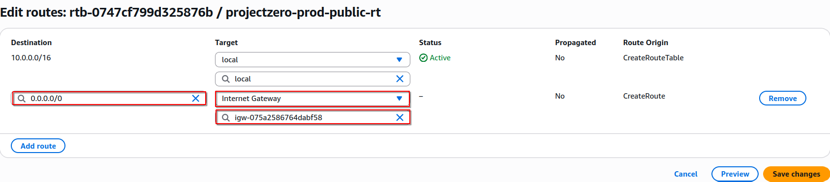 Configured the default route to send internet-bound traffic through the Internet Gateway.