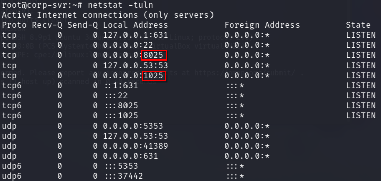 By inspecting local listeners with netstat , I identified a simulated mail service stack, which hinted that this host might be handling internal email traffic and could be abused for phishing and
email interception