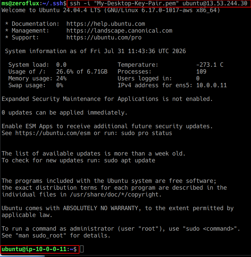 Successfully connected to the ProjectZero jumpbox over SSH using key based authentication.