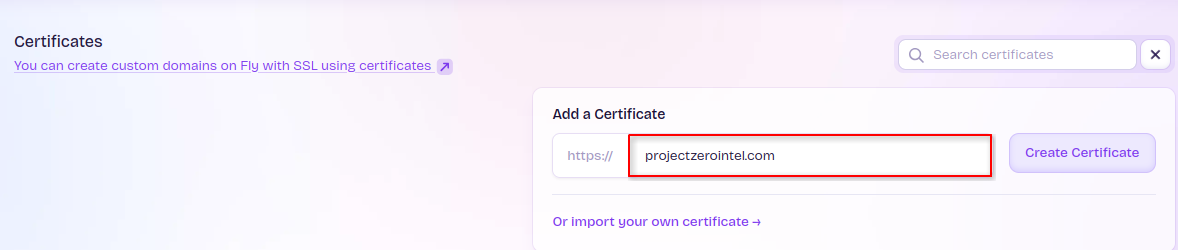 Configured and validated projectzerointel.com with TLS for the production threat intelligence dashboard hosted on Fly.io.