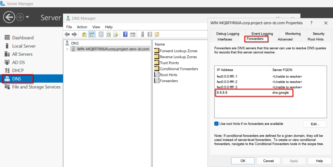 DNS configured on the domain controller to resolve internal lab.local records, with 10.0.0.5 pointing to itself for local names and 8.8.8.8 as a forwarder for external internet queries.