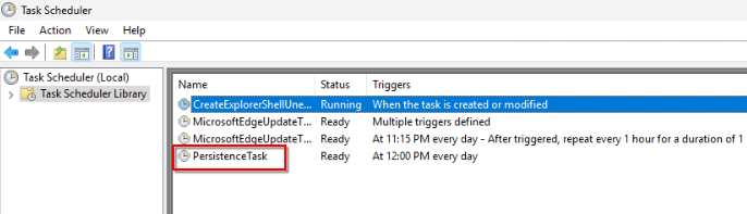 Windows Task Scheduler displaying the “PersistenceTask” entry alongside other system tasks, ready to trigger according to its configured schedule.