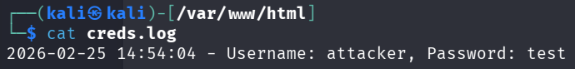Captured test credentials written to creds.log on the Kali attacker VM after a user submits the phishing form, matching the reference lab’s test scenario.