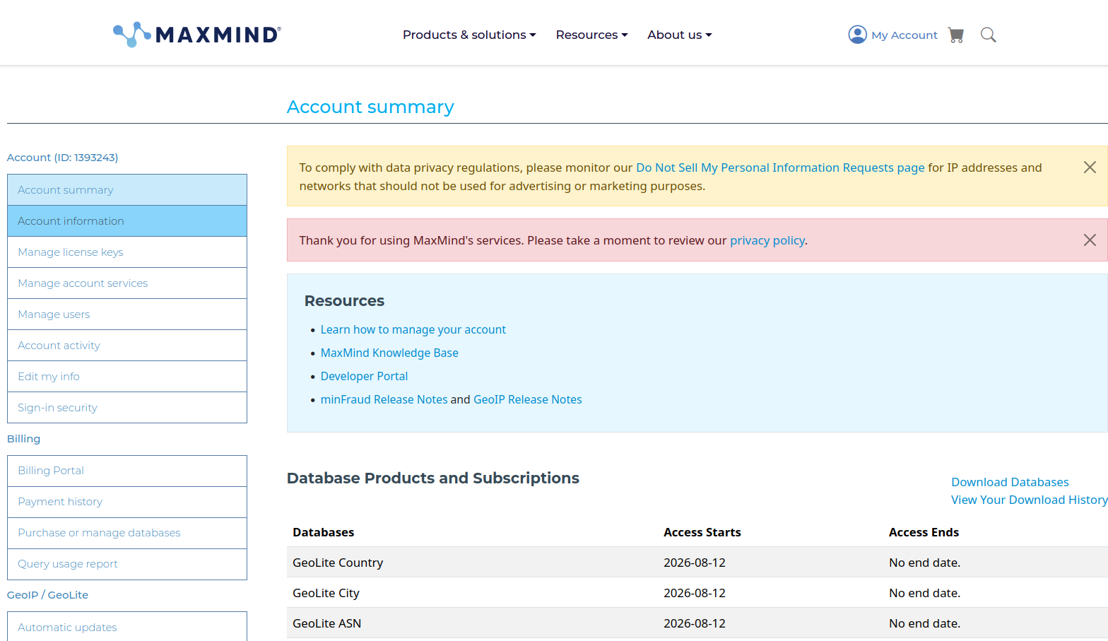 Configured access to the MaxMind GeoLite2 database used for IP-to-country resolution.