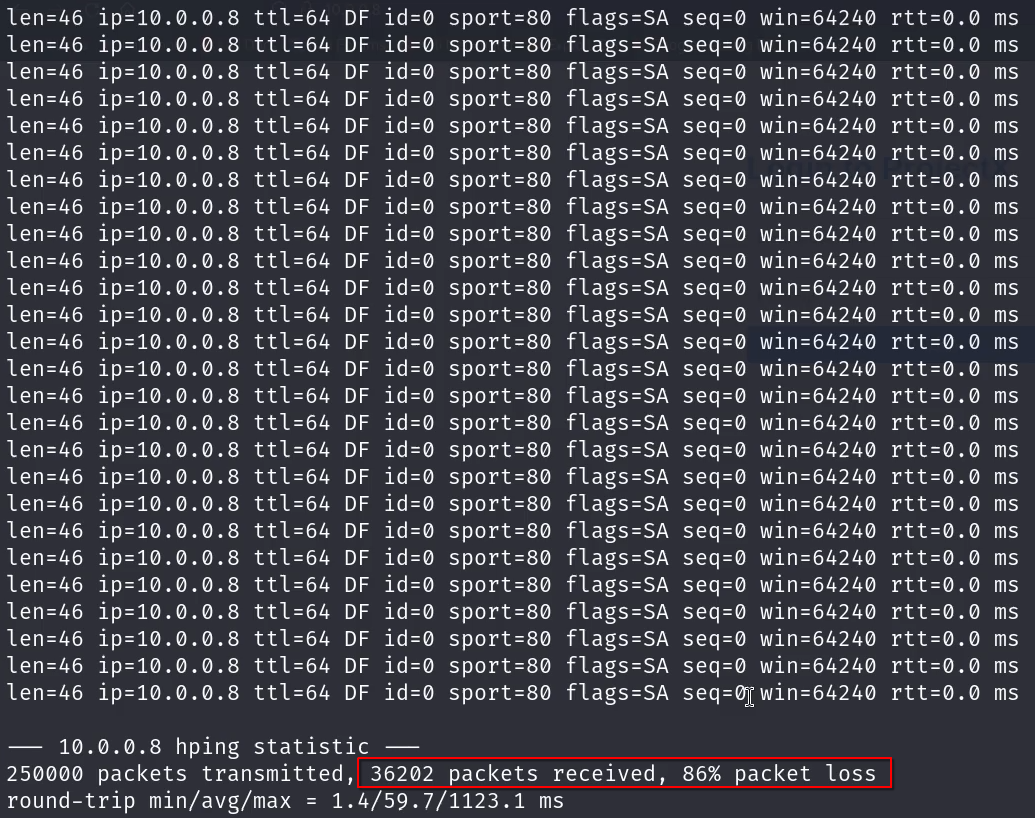 Attacker VM using hping3 to flood the target web server on port 80 with a large number of TCP packets.